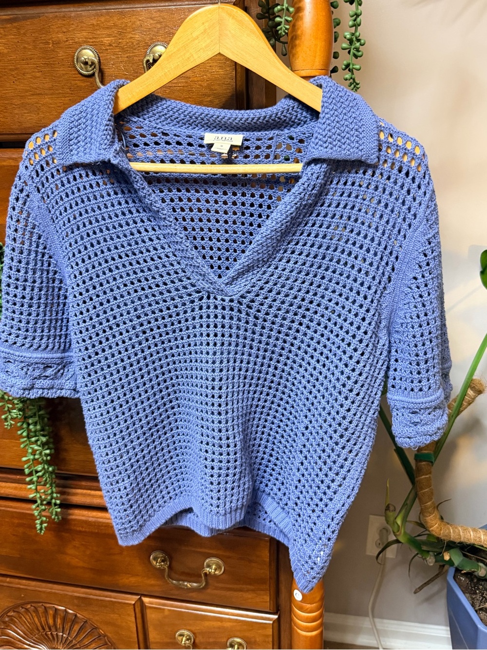 ANA Blue Open-Knit Crochet Weave Vintage Style V-Neck Sweater